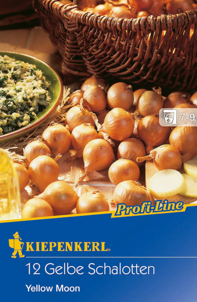 Produktbild von Kiepenkerl Profi Line 12 Gelbe Schalotten Yellow Moon mit Schalotten in einem Korb und einer Schüssel mit zubereitetem Essen