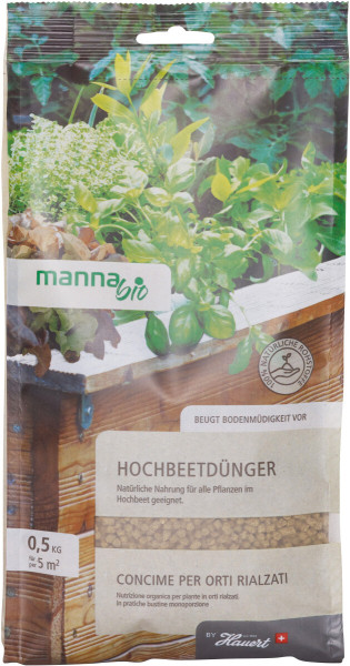 Produktbild von MANNA Bio Hochbeetdünger in einer 500g Verpackung mit Pflanzen und Hochbeet im Hintergrund und Produktinformationen in deutscher und italienischer Sprache.