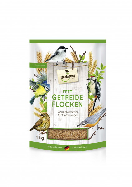 Produktbild von ReNatura Fett-Getreideflocken für Gartenvögel mit Darstellung verschiedener Vogelarten und Sichtfenster zum Inhalt auf der Verpackung mit Hinweisen wie Made in Germany und aus besten Zutaten