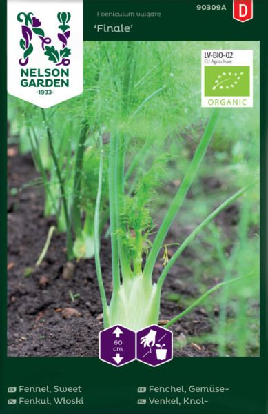 Produktbild von Nelson Garden BIO Gemüsefenchel Finale mit Pflanzenabbildung und biologischem Zertifikat in der oberen rechten Ecke sowie Anweisungen zu Pflanzabstand und Aussaat in mehreren Sprachen.