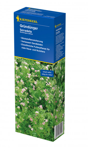 Produktbild von Kiepenkerl Gruenduenger Serradella 0, 4, kg Verpackung mit Pflanzenbild und Informationen zu Stickstoffanreicherung und Bodenverbesserung.