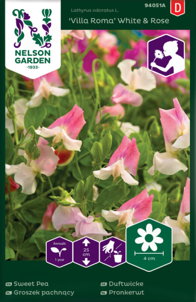 Produktbild von Nelson Garden Duftwicke Villa Roma White & Rose Saatgutverpackung mit Abbildungen der weiß-rosa blühenden Pflanze und Produktinformationen auf Deutsch.