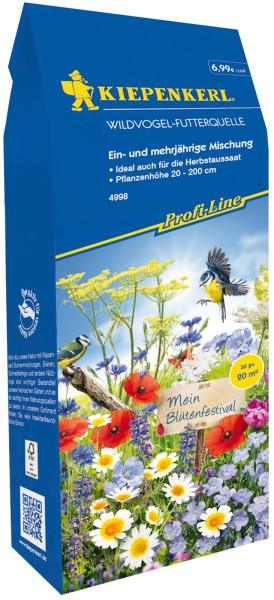 Produktbild von Kiepenkerl Blumenmischung Wildvogel-Futterquelle Verpackung mit Blumenabbildung und Informationen zur Bepflanzung für Vogelfutter.