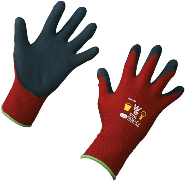 Produktbild von zwei roten Freund Victoria Kinderhandschuhen Kids 5-8 mit blauen Handflächen und Markenzeichen