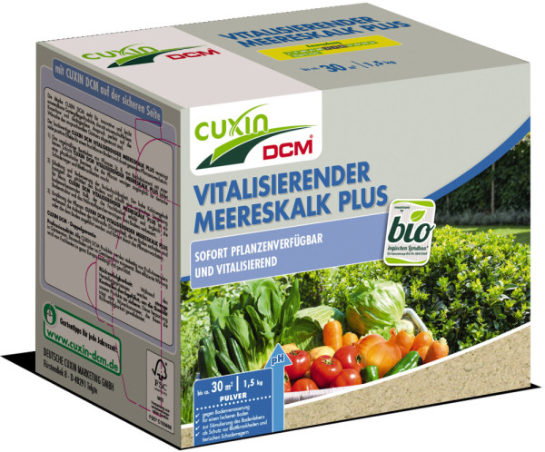 Produktbild des Cuxin DCM Vitalisierender Meereskalk Plus in einer 1, 5, kg Streuschachtel mit Informationen zur Anwendung und Abbildungen von Pflanzen und Gemüse.