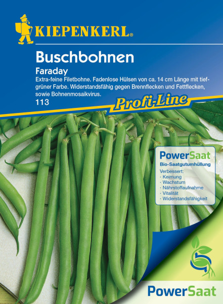 Produktbild von Kiepenkerl Buschbohne Faraday PowerSaat mit grünen Bohnenhülsen und Verpackungsdetails zu Eigenschaften und Widerstandsfähigkeit der Samen in deutscher Sprache.