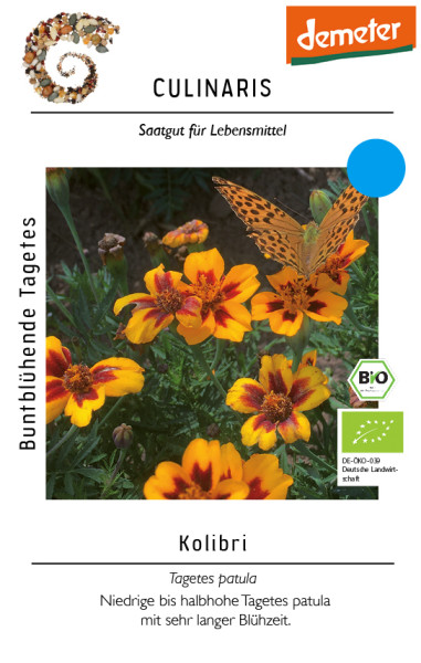 Produktbild von Culinaris BIO Buntblühende Tagetes Kolibri mit Darstellung der Blüten, Schmetterling und demeter sowie BIO-Siegel.