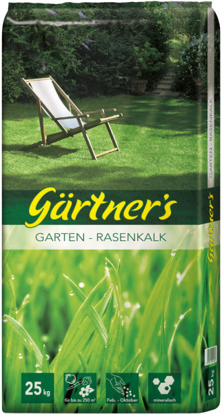 Produktbild von Gärtners Garten-Rasenkalk gekörnt 25kg mit Gartenhintergrund und Produktinformationen bezüglich Anwendungsfläche und Zeitspanne der Anwendung.