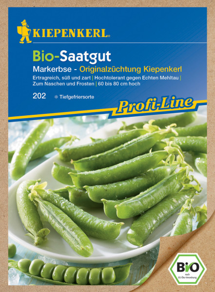 Produktbild von Kiepenkerl BIO Markerbsen Saatgutverpackung mit Abbildung der Erbsenschoten auf einem Teller und Informationen zu Eigenschaften und Anbau in deutscher Sprache.