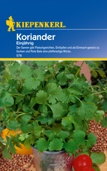 Produktbild von Kiepenkerl Koriander einjährig mit darstellung der Korianderpflanze und Samen sowie Produktinformationen auf Deutsch.