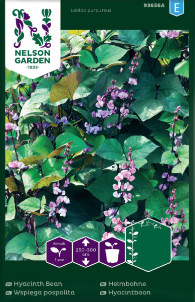 Produktbild von Nelson Garden Helmbohnen Saatgut mit Abbildungen der Pflanze und Blüten sowie Anweisungen zur Pflanzung und Wuchshöhe in mehreren Sprachen.