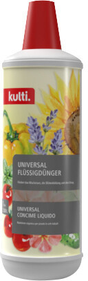 Produktbild des MANNA Kulti Universal Flüssigdünger in einer 1-Liter-Flasche mit rot-weißem Etikett und Abbildungen von Blumen und Früchten.