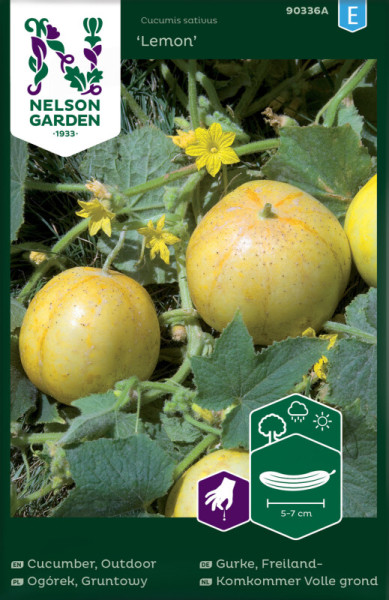 Produktbild von Nelson Garden Freilandgurke Lemon mit gelben Gurkenfrüchten und Blüten auf dem Boden sowie Produktinformationen und Anbausymbolen.