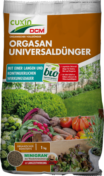 Produktbild von Cuxin DCM Orgasan Organischer Volldünger Minigran 1kg mit Informationen und Abbildung verschiedener Gemüsesorten.