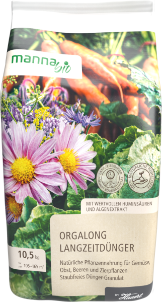 Produktbild von MANNA Bio Orgalong Langzeitdünger in einem 10, 5, kg Beutel mit Abbildung von Blumen und Gemüse, sowie Informationen zu Inhaltsstoffen und Anwendungshinweisen.