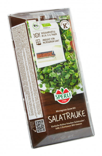 Produktbild eines Sperli BIO Microgreen Grow Kit Anzuchtsets Salatrauke mit Darstellung der Verpackung und Informationen auf Deutsch.