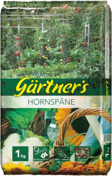 Produktbild von Gaertners Hornspaene 1kg Verpackung mit Abbildungen von Nutzpflanzen und Angaben zur Anwendungsdauer sowie Bio-Siegel.