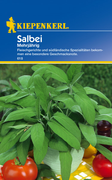 Produktbild von Kiepenkerl Salbei mehrjährig mit Bildern von Salbeiblättern und Beschreibung zur Verwendung in der Küche in deutscher Sprache.