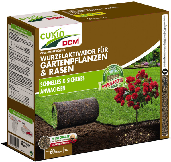 Produktbild von Cuxin DCM Wurzelaktivator für Gartenpflanzen und Rasen in einer 3kg Streuschachtel mit Informationen zu schnellem und sicheren Anwachsen