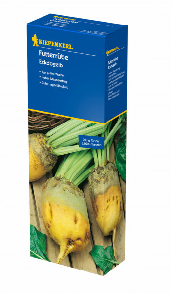 Produktbild der Kiepenkerl Futterrübe Eckdogelb Verpackung mit Angaben zum Inhalt von 0, 2, kg für circa 3.000 Pflanzen und Bildern der Rüben.