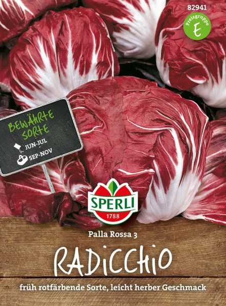 Produktbild von Sperli Radicchio Palla Rossa 3 mit Darstellung der Pflanze, Verpackungsdesign, Hinweis auf bewährte Sorte, Aussaatzeiträume und Markenlogo.