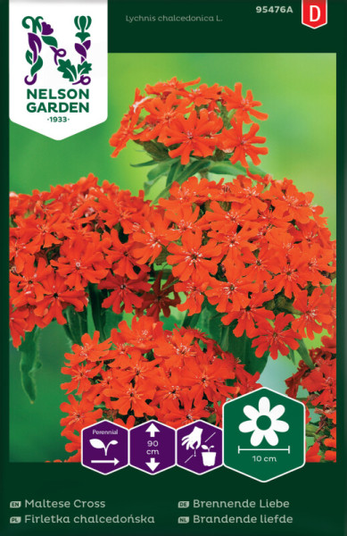 Produktbild von Nelson Garden Brennende Liebe mit Bild der roten Blüten, Informationen zu Pflanzenhöhe und Lebenszyklus sowie mehrsprachigen Namen auf der Verpackung.