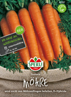 Produktbild von Sperli Möhre Tozresis F1 mit orangen Karotten auf Sackleinen und Hinweisen zu Widerstandsfähigkeit und Größe sowie dem Sperli Logo.