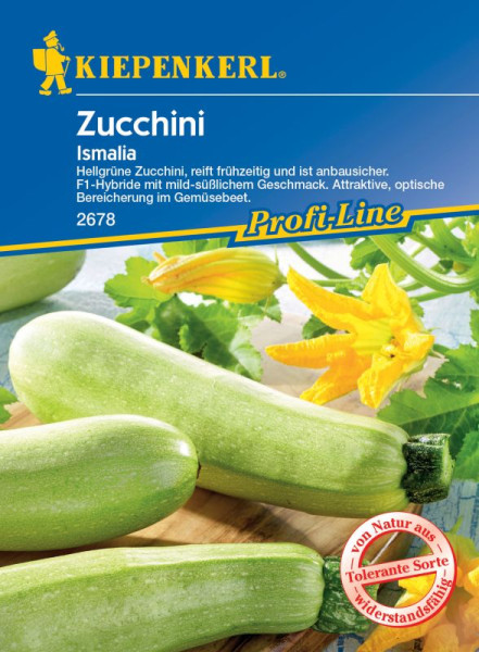 Produktbild von Kiepenkerl Zucchini Ismalia F1 mit Abbildung der hellgrünen Zucchini-Früchte und gelben Blüten sowie Informationen zur frühen Reife und dem mild-süßlichen Geschmack.