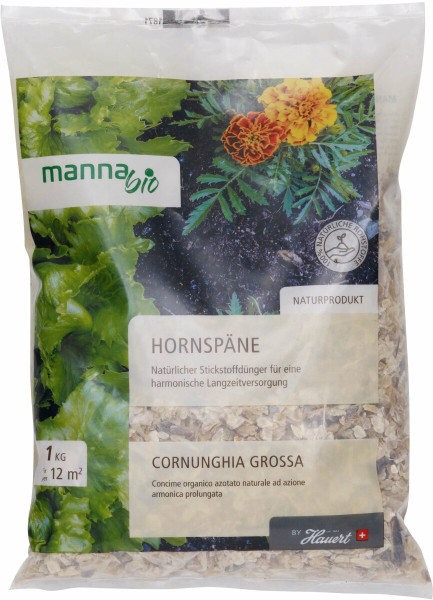 Produktbild von MANNA Bio Hornspäne in einem 1kg Beutel mit Informationen über natürlichen Stickstoffdünger und Pflanzenabbildungen.