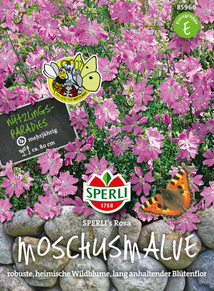 Produktbild von Sperli Moschusmalve SPERLIs Rosa mit Darstellung der blühenden Pflanzen, Hinweisen als Nützlingsparadies sowie Logo und Produktnamen.