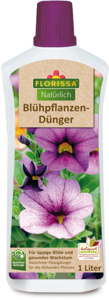 Produktbild von Florissa Natürlich Blühpflanzendünger in einer 1-Liter-Flasche, mit einer Abbildung von blühenden Pflanzen und Informationen über die Verwendung für gesundes Pflanzenwachstum auf Deutsch.