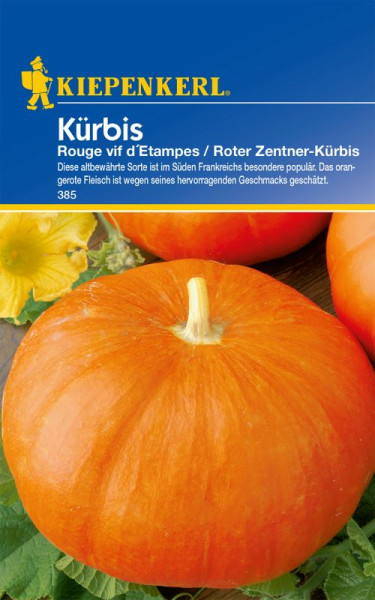 Produktbild von Kiepenkerl Kürbis Rouge vif dEtampes Verpackung mit Abbildung des orangefarbenen Kürbisses und Produktinformationen in deutscher Sprache.