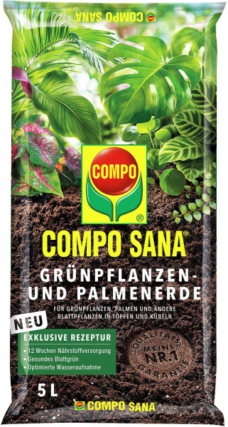 Produktbild von COMPO SANA Grünpflanzen und Palmenerde 5l mit Informationen zu den Eigenschaften und der exklusiven Rezeptur auf der Verpackung in deutscher Sprache.