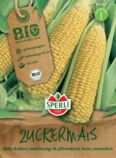 Produktbild von Sperli BIO Zuckermais Verpackung mit Abbildung von Maiskolben und Angaben zu Bio-Qualität gefriergeeignet Kolbenlänge 20 cm Erntezeit Juli bis Oktober.