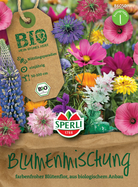 Produktbild von Sperli BIO Blumenmischung Verpackung mit bunten Blumen im Hintergrund und Informationen zum Nützlingsparadies einjährigen Pflanzen sowie Höhenangaben in deutscher Sprache.