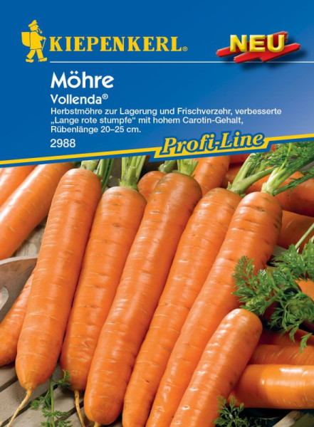 Produktbild von Kiepenkerl Möhre Vollenda Darina mit Anzeige von frischen, langen orangenen Karotten und Verpackungsdetails auf Deutsch, einschließlich der Sortenbeschreibung und Nummer 2988.