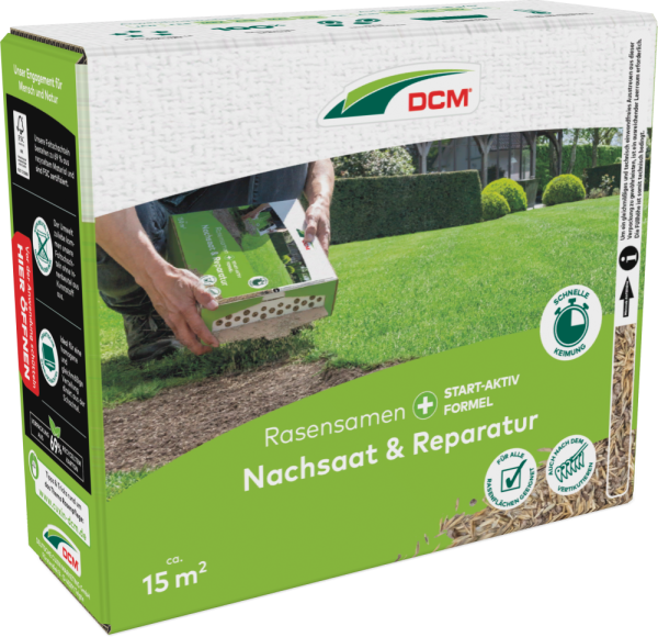 Produktbild von Cuxin DCM Rasensamen Nachsaat & Reparatur in einer 225g Packung mit Angaben zur Flächendeckung und Informationen zum schnellen Keimen.