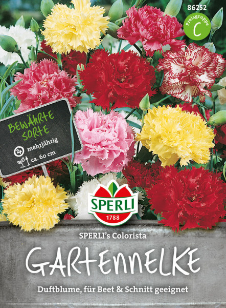 Produktbild von Sperli Gartennelke SPERLIs Colorista mit bunten Nelkenblüten und Informationen zu Sorte und Eignung für Beet und Schnitt in deutscher Sprache.