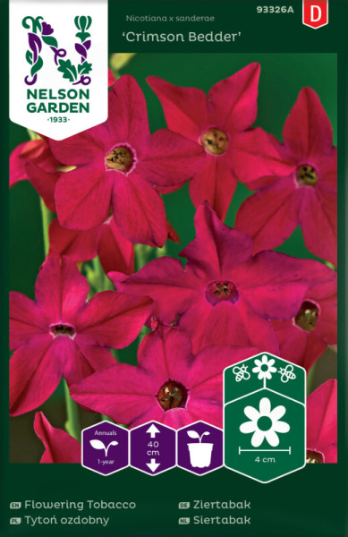 Produktbild von Nelson Garden Ziertabak Crimson Bedder mit Abbildung der roten Blüten und Informationen zur Pflanzengroesse sowie zum Standortbedarf in deutscher Sprache.