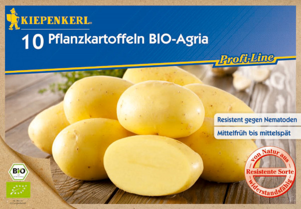 Produktbild von Kiepenkerl BIO-Pflanzkartoffel Agria mit zehn gelben Kartoffeln auf Holzuntergrund und Hinweisen zur Resistenz gegen Nematoden sowie Angaben zur Reifezeit als mittelfrüh bis mittelspät.
