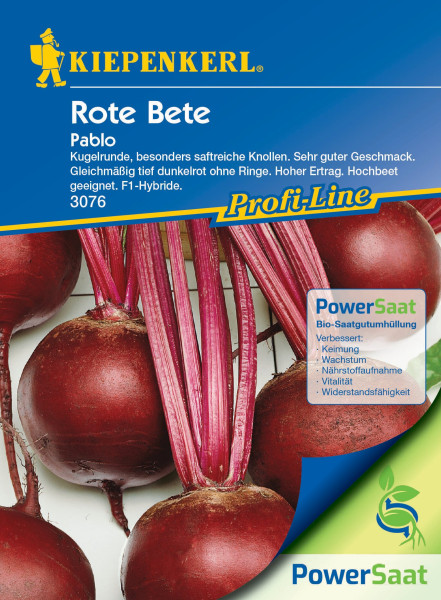 Produktbild von Kiepenkerl Rote Rüben Pablo PowerSaat mit Abbildung der roten Beete, Informationen zur Saatgutbeschaffenheit und Produktmerkmalen auf Deutsch.
