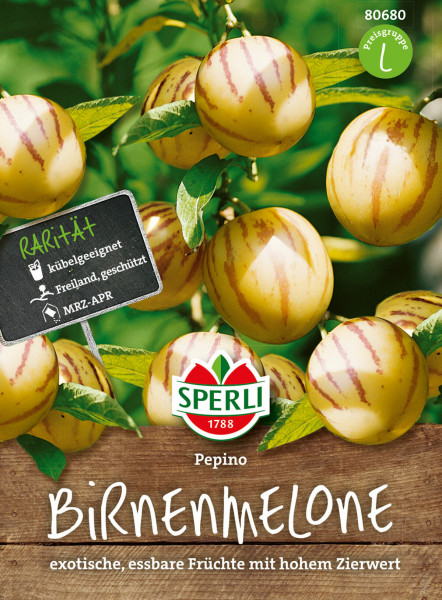 Produktbild von Sperli Birnenmelone Pepino mit reifen Früchten am Pflanzenzweig und Informationen zu Rarität sowie Freiland- und Kübeleignung.