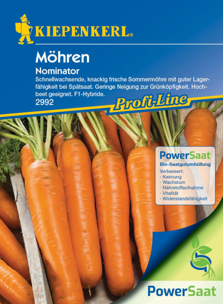 Produktbild von Kiepenkerl Moehre Nominator PowerSaat mit Abbildung von Karotten und Verpackungsinformationen zur Sorte und Bio-Saatgutumhuellung in deutscher Sprache.
