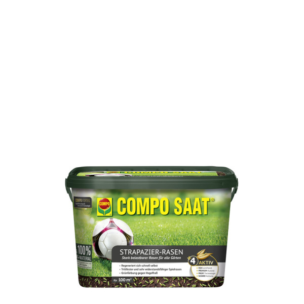 Produktbild von COMPO SAAT Strapazier-Rasen 2kg mit Verpackungsinformationen und Abbildung einer Rasenfläche und einem Fußball.