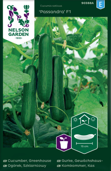 Produktbild von Nelson Garden Gewächshaus-Gurke Passandra F1 mit Gurkenpflanzen und Früchten sowie Informationen und Symbolen zu Pflanz- und Produktmerkmalen.