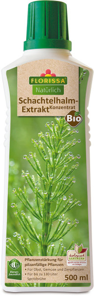 Produktbild von Florissa Schachtelhalm Extrakt Konzentrat 500ml mit Hinweisen zur Verwendung als Pflanzenstärkung für pilzanfällige Pflanzen und Informationen wie ökologisch, für bis zu 130 Liter Spritzbrühe, bienenfreundlich.