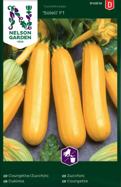 Produktbild von Nelson Garden Zucchini Soleil F1 Saatgutverpackung mit Abbildung gelber Zucchini und Pflanzeninformationen.