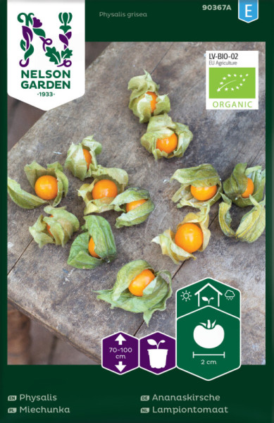 Produktbild von Nelson Garden BIO Ananaskirsche Saatgutverpackung mit Darstellung der Früchte und Anbauinformationen.