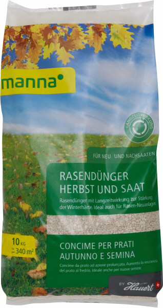 Produktbild von MANNA Rasendünger Herbst und Saat 10kg Verpackung mit Herbstlaub Dekoration und Informationen zu Langzeitwirkung und Einsatzbereich für Rasenflächen.