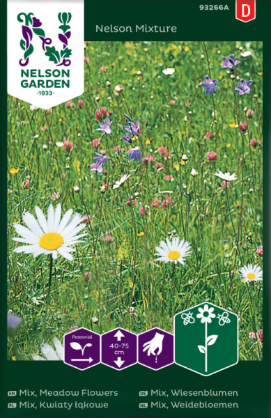 Produktbild von Nelson Garden Wiesenblumen Mix mit Bilder von Gänseblümchen und anderen Wildblumen sowie Verpackungsdesign und mehrsprachigen Produktinformationen.